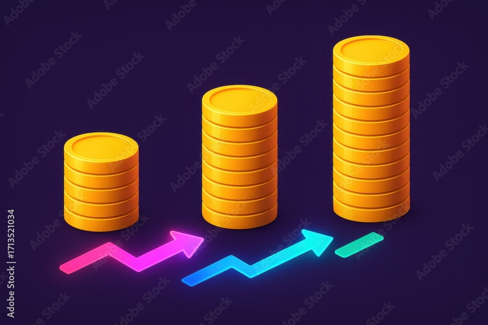 Poster stacked coins representing financial growth with colorful arrows indicating progress and increase ag