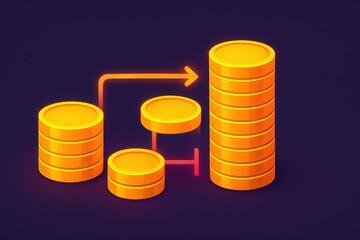 Abstract representation of financial growth with orange coins and graph indicating upward trend against a dark background