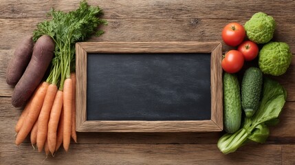 Fresh Organic Vegetables Arranged Neatly on a Rustic Wooden Table with Blank Chalkboard for Writing Recipe or Menu Ideas