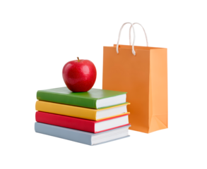 Red apple on colorful books and orange bag on transparent background, PNG