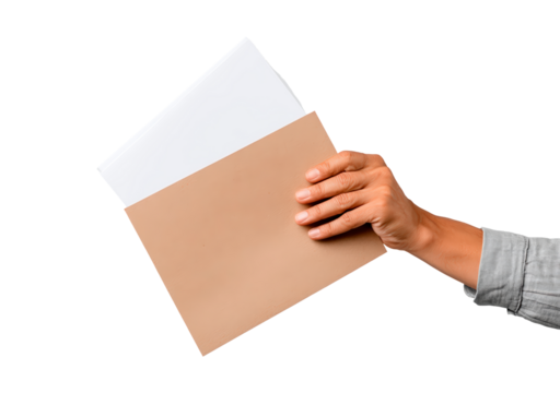 Adult hand holding brown envelope with documents on transparent background, PNG - Powered by Adobe