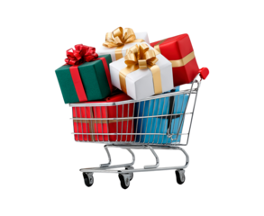 Shopping cart filled with colorful wrapped gifts and ribbons on transparent background, PNG