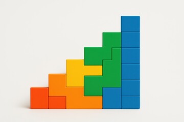 Colorful geometric shapes arranged in a staircase pattern on a clean background, representing growth, development, and strategy in design and education