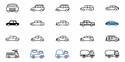 Collection of various car and truck outlines in black and blue on a white background showing transport