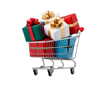 Shopping cart filled with colorful wrapped gifts and ribbons on transparent background, PNG