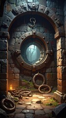 Fototapeta premium Mysterious Doorway in an Abandoned Stone Fortress at Dusk