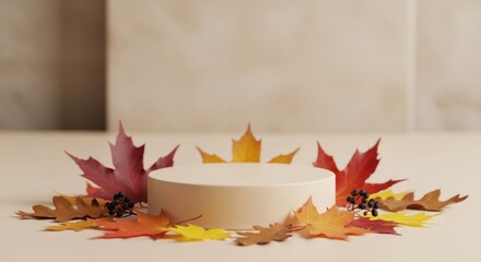 Autumn themed product display with a podium surrounded by colorful fall leaves for seasonal marketing and presentations