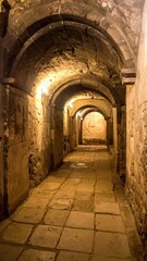 Obraz premium Mysterious Underground Passage with Arched Ceilings and Stone Walls