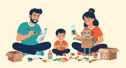 Adobe illustrator artwork vector illustration. A family-father, mother, and child-sits on the floor, happily engaged in a DIY recycling and crafting project. Sustainability, vector art