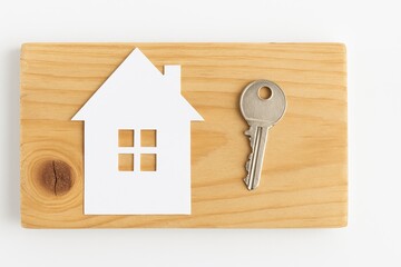 Symbolic Representation of Home Ownership with House Cutout and Key on Wooden Surface for Real Estate and Finance Concepts
