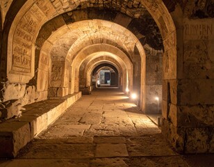 Obraz premium Mysterious Dark Underground Passage with Arched Stone Walls