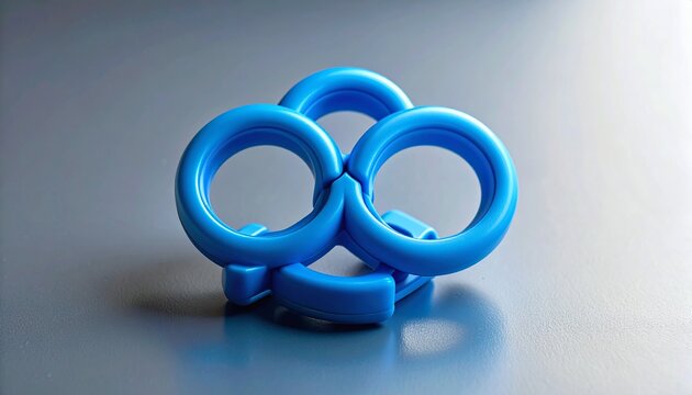 A vibrant blue abstract plastic sculpture composed of interlocking rings on a smooth grey reflective surface. - Powered by Adobe