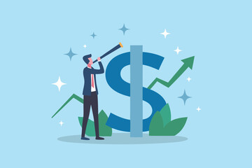 Businessman looking through telescope at large dollar sign with upward trending arrow and stars symbolizing financial growth and opportunity