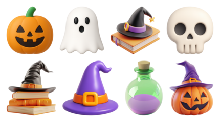 PNG Colorful Halloween cartoon icons, element set on transparent background