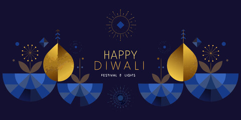 Happy diwali festival of lights with geometric designs and golden lamps on dark blue background
