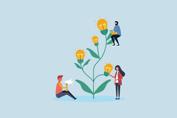People nurturing a plant that grows light bulbs representing ideas and innovation