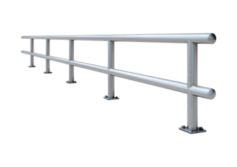 Stainless steel safety railing with horizontal bars and floor mounts on transparent background, PNG