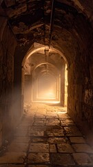 Mysterious Stone Corridor with Soft Light and Dusty Atmosphere