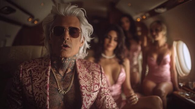 Tattooed entrepreneur or rockstar with white hair in a luxury private jet with an entourage of women