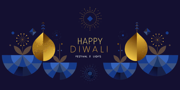 Happy diwali festival of lights with geometric designs and golden lamps on dark blue background