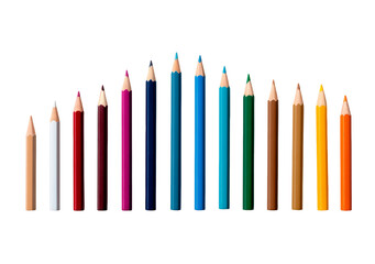 Colorful arrangement of assorted colored pencils in a row on transparent background, PNG