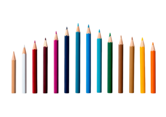Colorful arrangement of assorted colored pencils in a row on transparent background, PNG