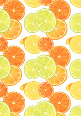 Obraz premium Watercolor Fruit Wallpaper Design Orange, Lime, and Lemon Slices on White Background for Fresh, Zesty, and Healthy Aesthetic