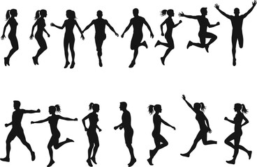 Running and jumping people silhouettes in motion, athletic male and female figures exercising, fitness jogging vector illustration, active lifestyle design elements