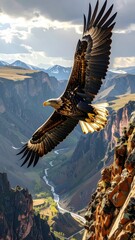 Majestic Eagle Soaring Over Rugged Mountains and Serene Valley