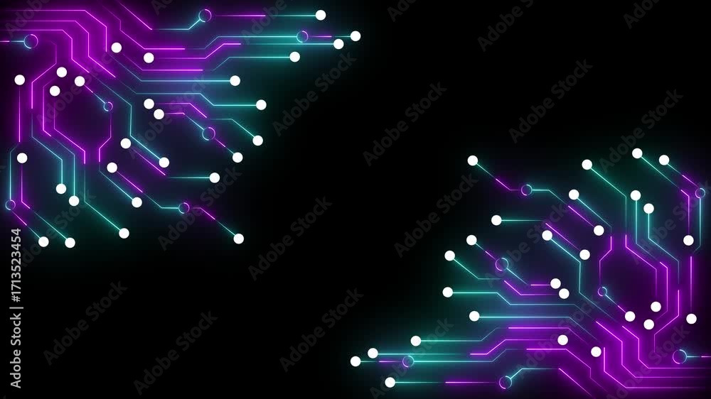 Poster abstract digital circuit board animation with glowing neon purple and cyan lines and white nodes on 