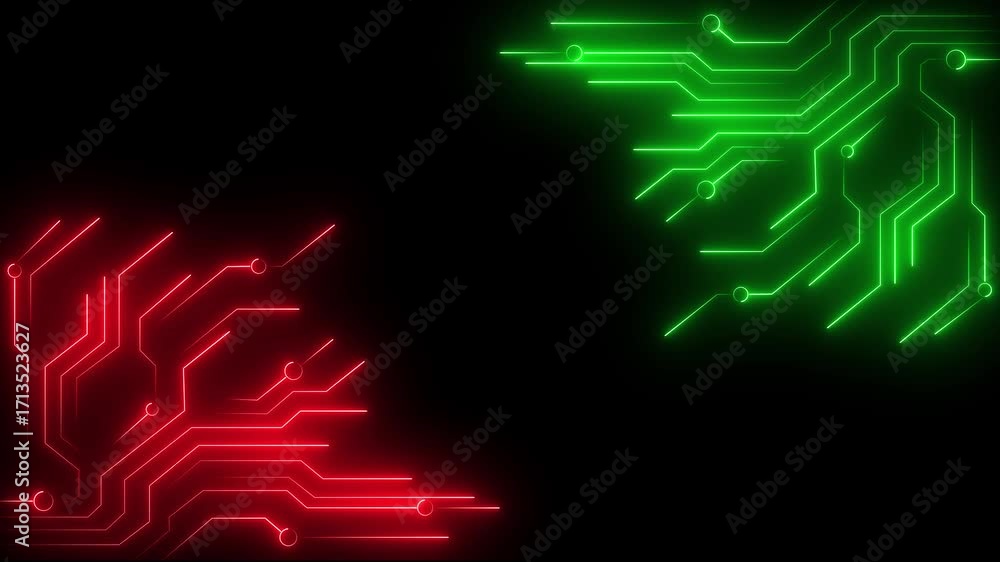 Poster abstract digital circuit lines glowing red and green on black background with high-tech energy and t