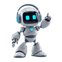 Cute Shiny White Robot with Headphones Pointing Up Isolated on Transparent Background