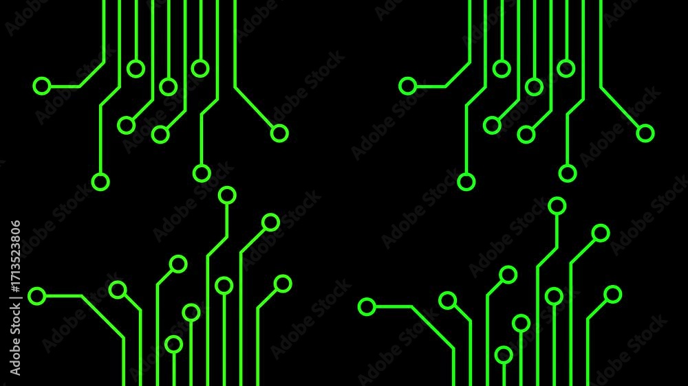 Poster abstract green circuit board lines on black background animation loop with data flow visuals