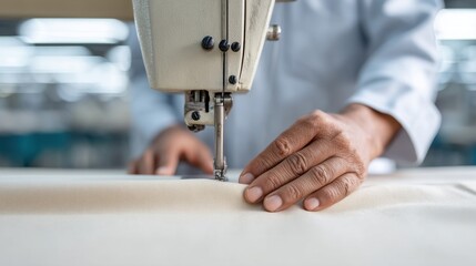 Naklejka premium Skilled tailor working carefully on a sewing machine, focusing on precision and craftsmanship in a textile production environment.
