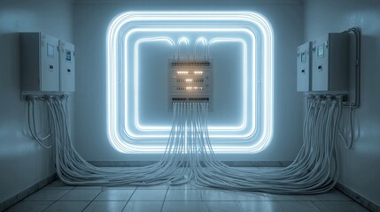 Office interior with glowing network panel neatly embedded in wall, showing structured cabling and mesh hub connectivity providing invisible but always-active internet infrastructure