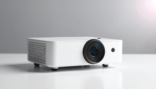 A modern white digital projector sits on a reflective surface against a plain grey background with a lens flare. - Powered by Adobe