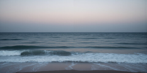 Fototapeta premium Tranquil Coastal Minimalism Serene seascape with horizontal bands of color as calm ocean meets sky at distant horizon. Muted palette