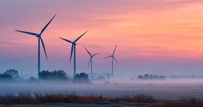 Wind turbines in a misty field under a colorful sunrise sky. Ideal for renewable energy, environmental, or landscape visuals, like promoting clean energy projects or nature - themed content.