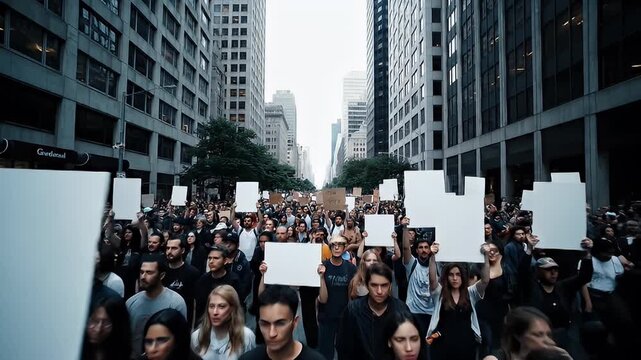 Diverse Crowd Marches Down City Street Holding Blank Signs for Demonstration or