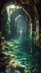 Serene Underground Waterway Surrounded by Lush Greenery and Stone