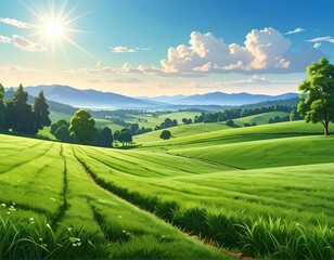 Fototapeta premium Serene Landscape with Rolling Hills and Bright Blue Sky