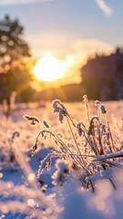 Frosty Grass at Sunrise in Winter Landscape with Soft Lighting
