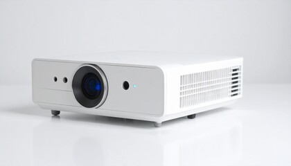 A modern white digital video projector sitting on a reflective surface against a clean white background.
