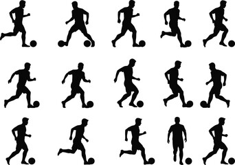 Silhouette soccer players running, dribbling and controlling football isolated on white background, sports vector illustration, athletic movement, football training graphic elements
