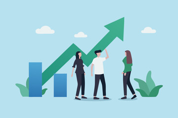 Diverse team of people observing a rising green arrow graph showing business growth and success