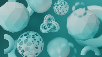Blue green geometric shapes in spheres and torus, suitable for abstract backgrounds, web design elements, and modern graphic projects.