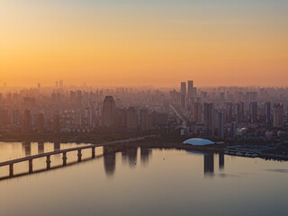 Naklejka premium Sunrise City Skyline Aerial Photography