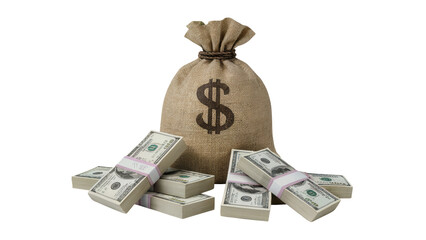A large burlap money bag with a dollar sign symbol overflowing with stacks of us dollar bills isolated on transparent background