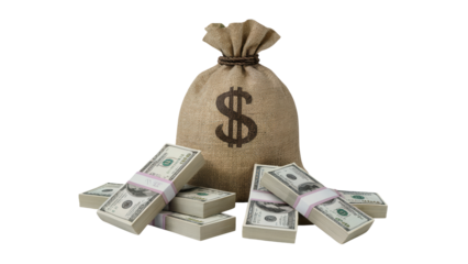 A large burlap money bag with a dollar sign symbol overflowing with stacks of us dollar bills isolated on transparent background
