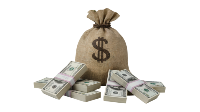 A large burlap money bag with a dollar sign symbol overflowing with stacks of us dollar bills isolated on transparent background